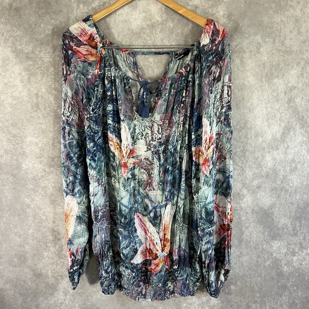 Desigual Blouse Women Large Blue Floral Smocked Tassel V-Neck Long Sleeve Top